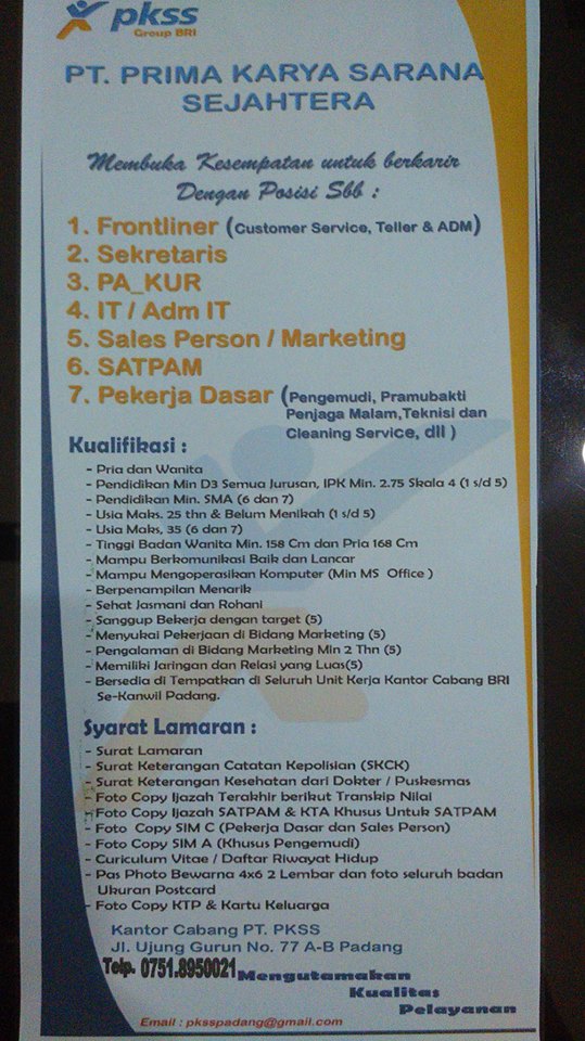 Lowongan Kerja PT. PKSS, Cabang Padang April 2016 LOWKER