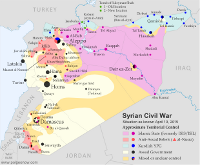 Map of the territorial control (Assad government, Islamic State/ISIS/ISIL, rebel, and Kurdish) in the Syrian Civil War as of April 2015