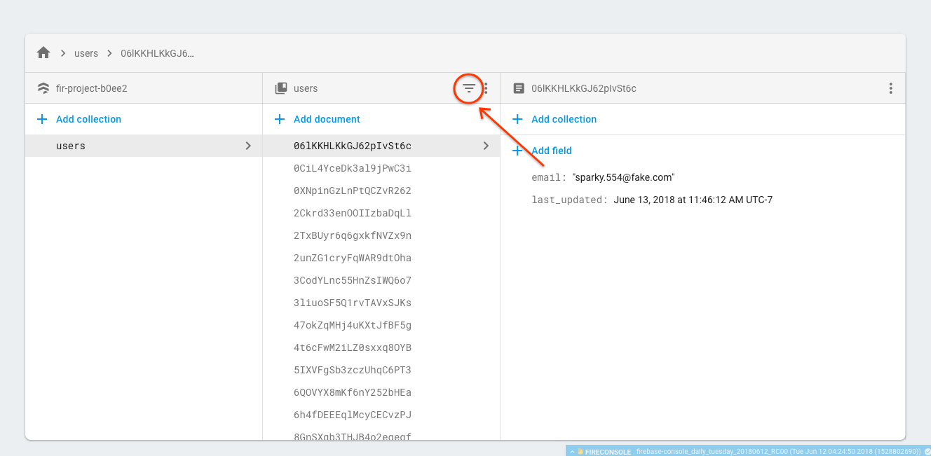 image showing Cloud Firestore data viewer in the console with red circle around filter icon and arrow pointing to it