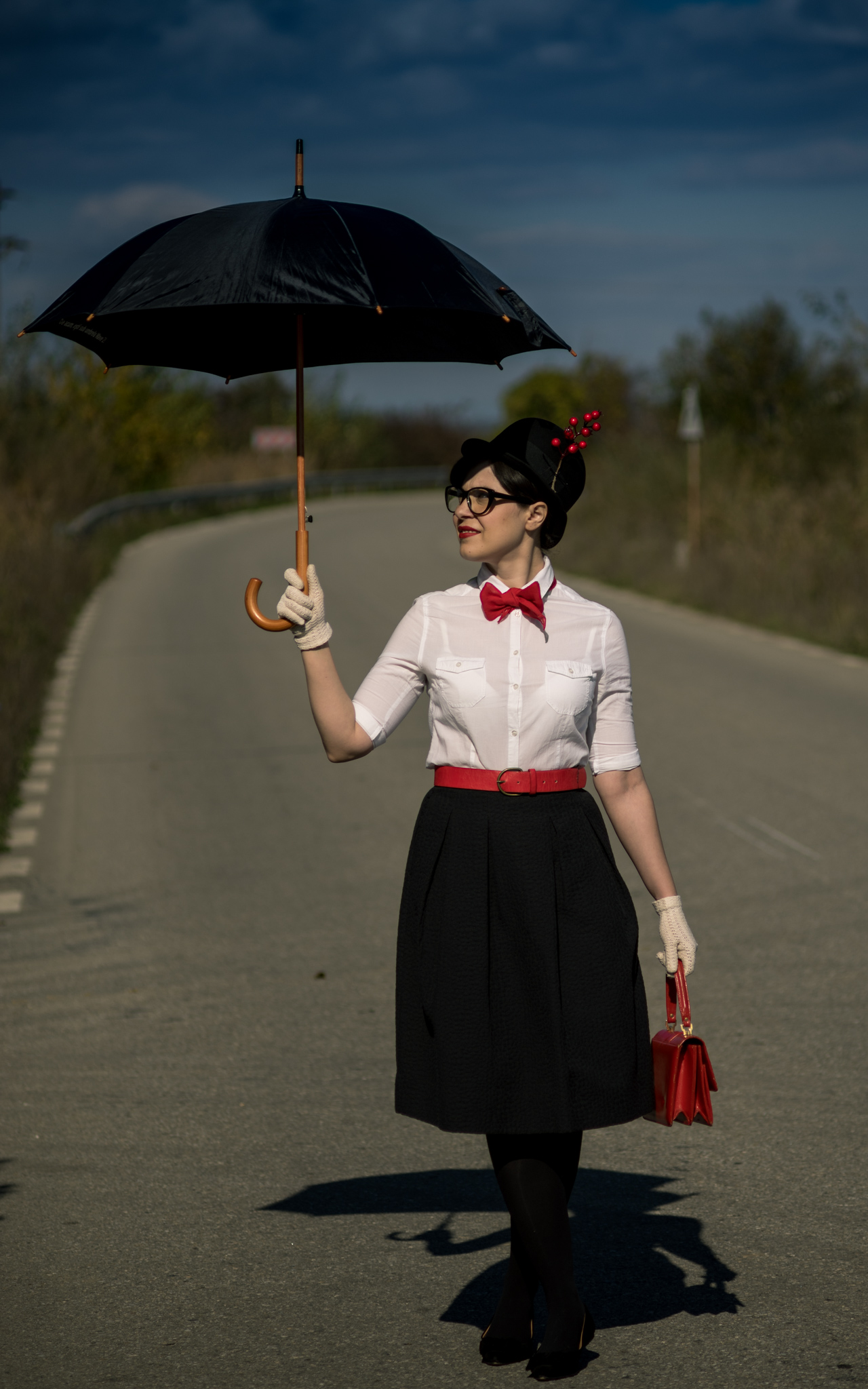 Easy DIY Halloween Costume Mary Poppins white shirt terranova black midi skirt H&M black flats H&M red vintage bag black umbrella tall hat cat eye glasses red belt photoshoot flying