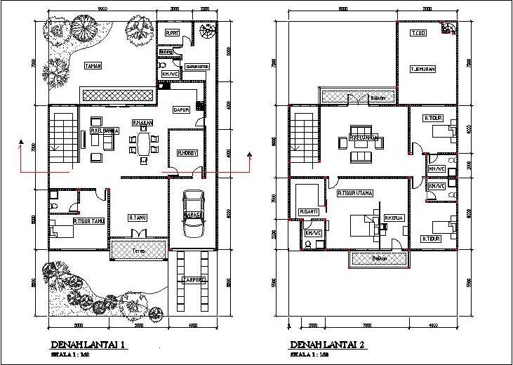 Sketsa Denah  Rumah  2  Lantai Type 21 36 45 54 70 Minimalis  