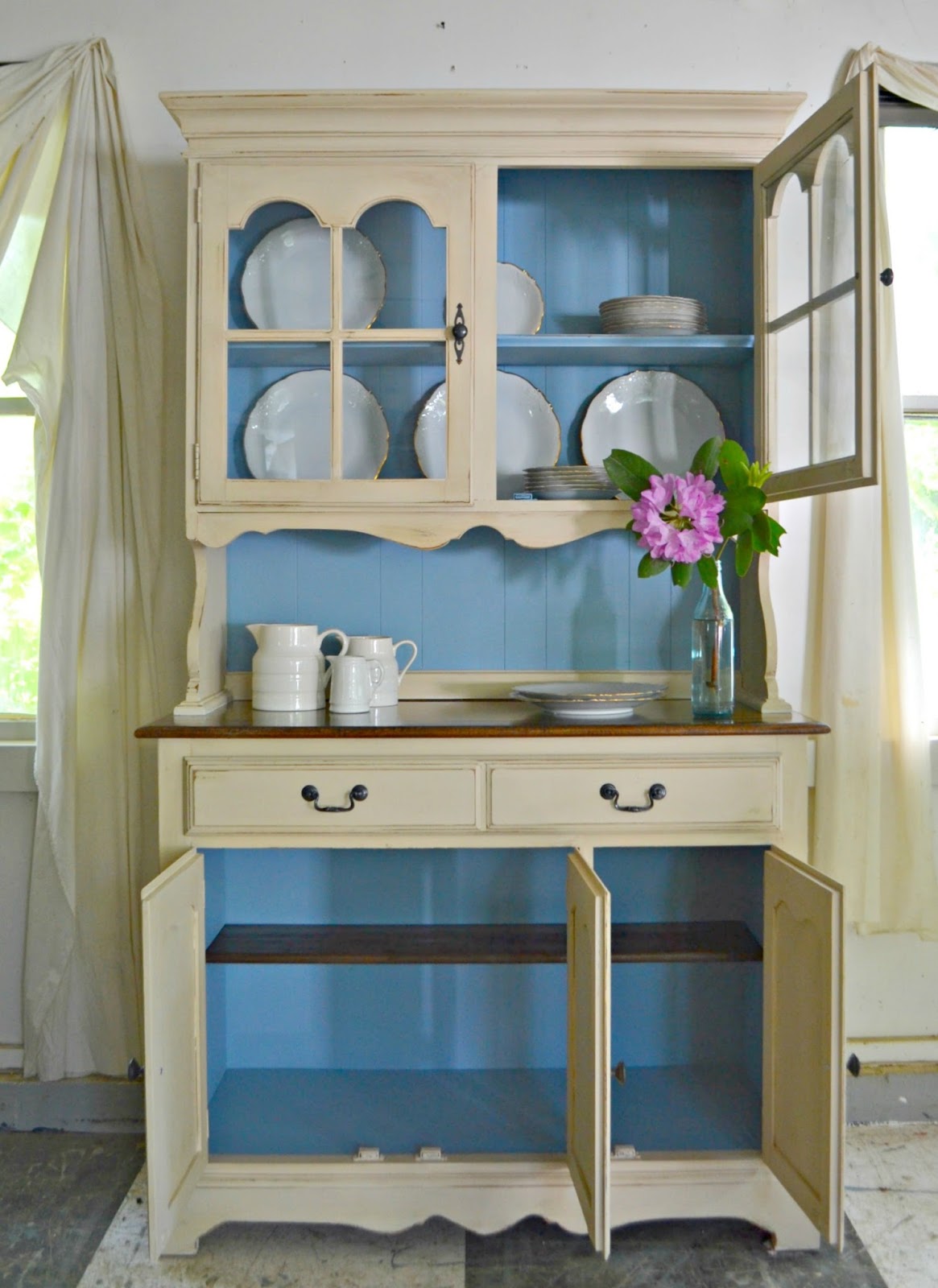 Heir and Space A Vintage Maple Hutch in Ivory and Blue