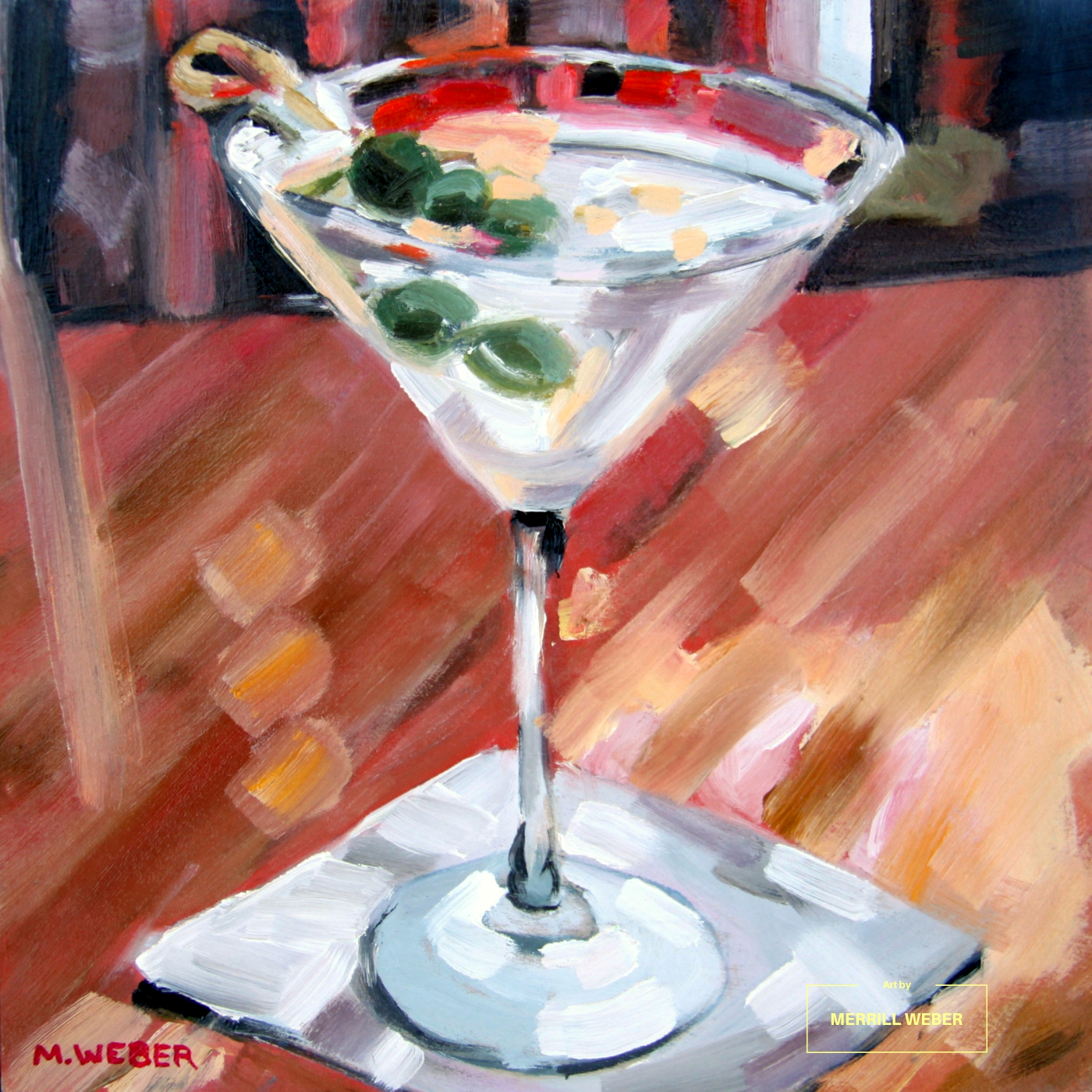 MERRILL WEBER ART: MARTINI WITH THREE OLIVES, DIRTY MARTINI OIL PAINTING