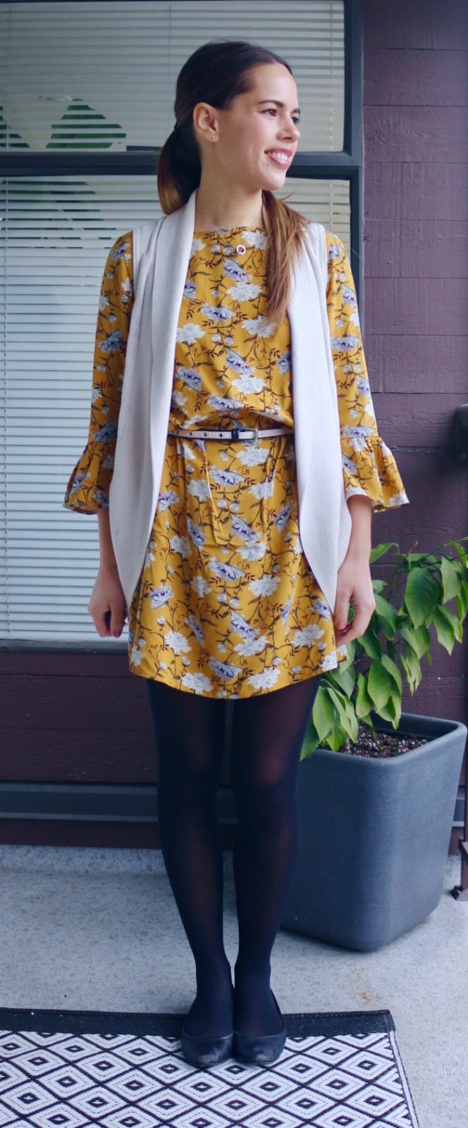 Jules in Flats - Yellow Floral Dress with Sweater Vest for Work