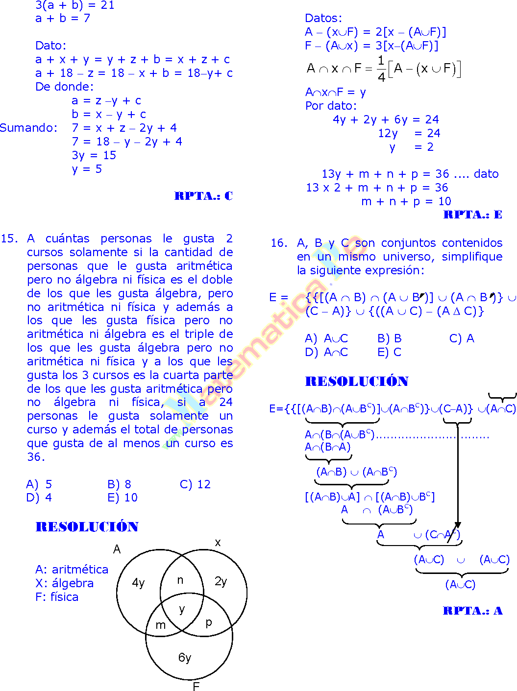 DIAGRAMAS DE VENN EJERCICIOS RESUELTOS DE ARITMÉTICA PREUNIVERSITARIA
