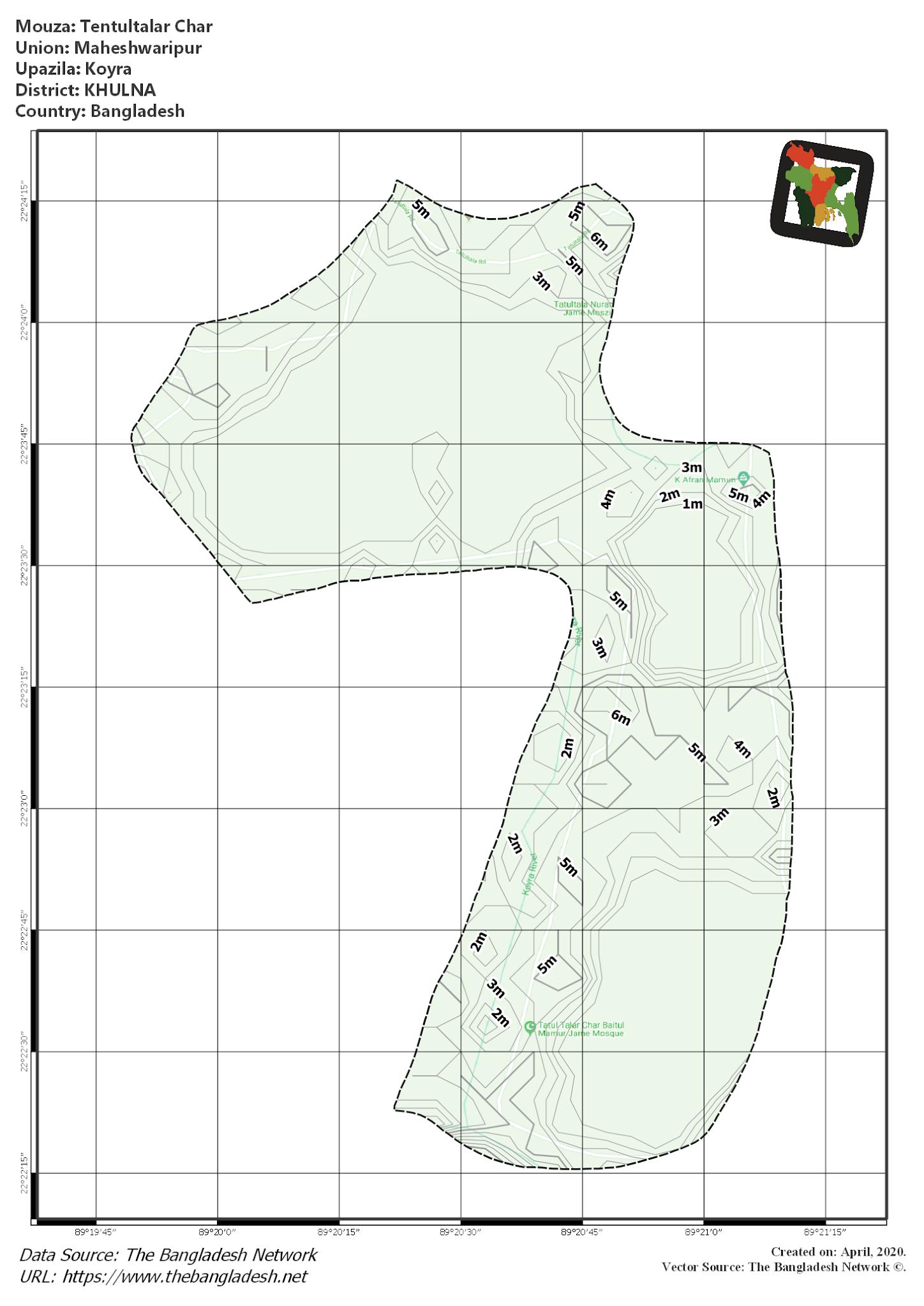 Map of Tentultalar Char Mouza of Koyra Upazila, KHULNA, Bangladesh.