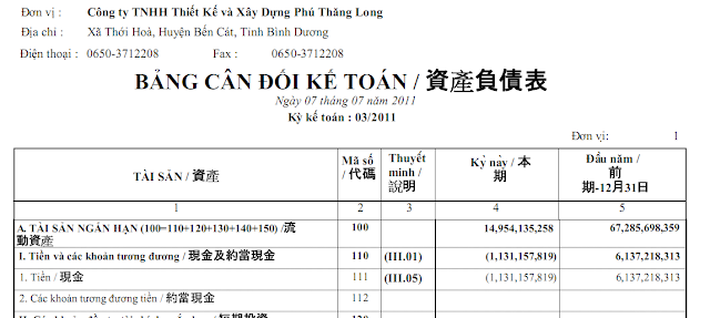 bảng cân đối kế toán tiếng hoa