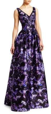 Theia V-Neck Digital Print Ballgown