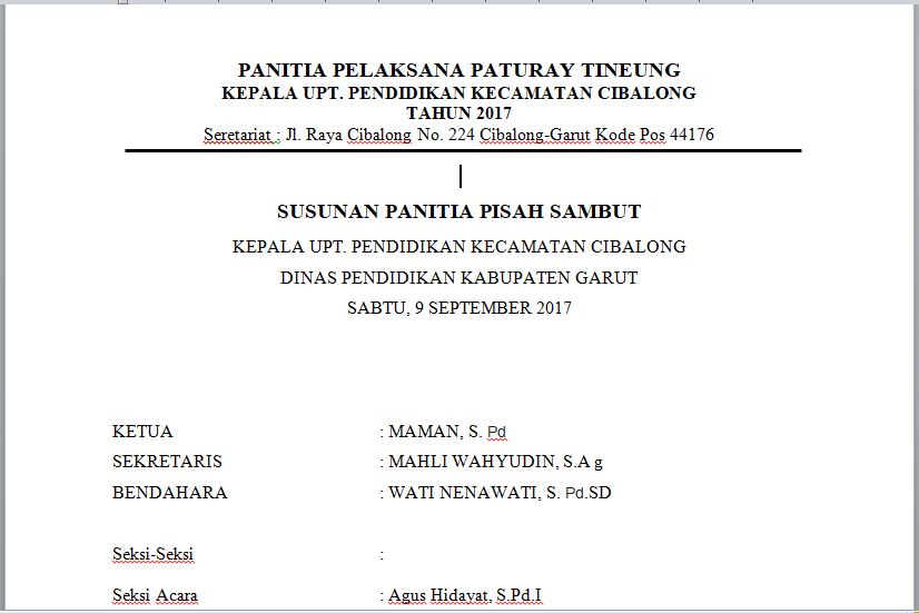 Susuanan Panitia, Surat Undangan, Susunan Acara Lepas