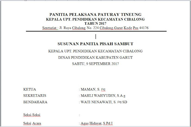 Susuanan Panitia, Surat Undangan, Susunan Acara Lepas