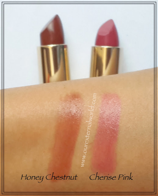 Oriflame Giordani Gold Jewel Lipsticks - Honey Chestnut, Cherise Pink - Review, Swatches