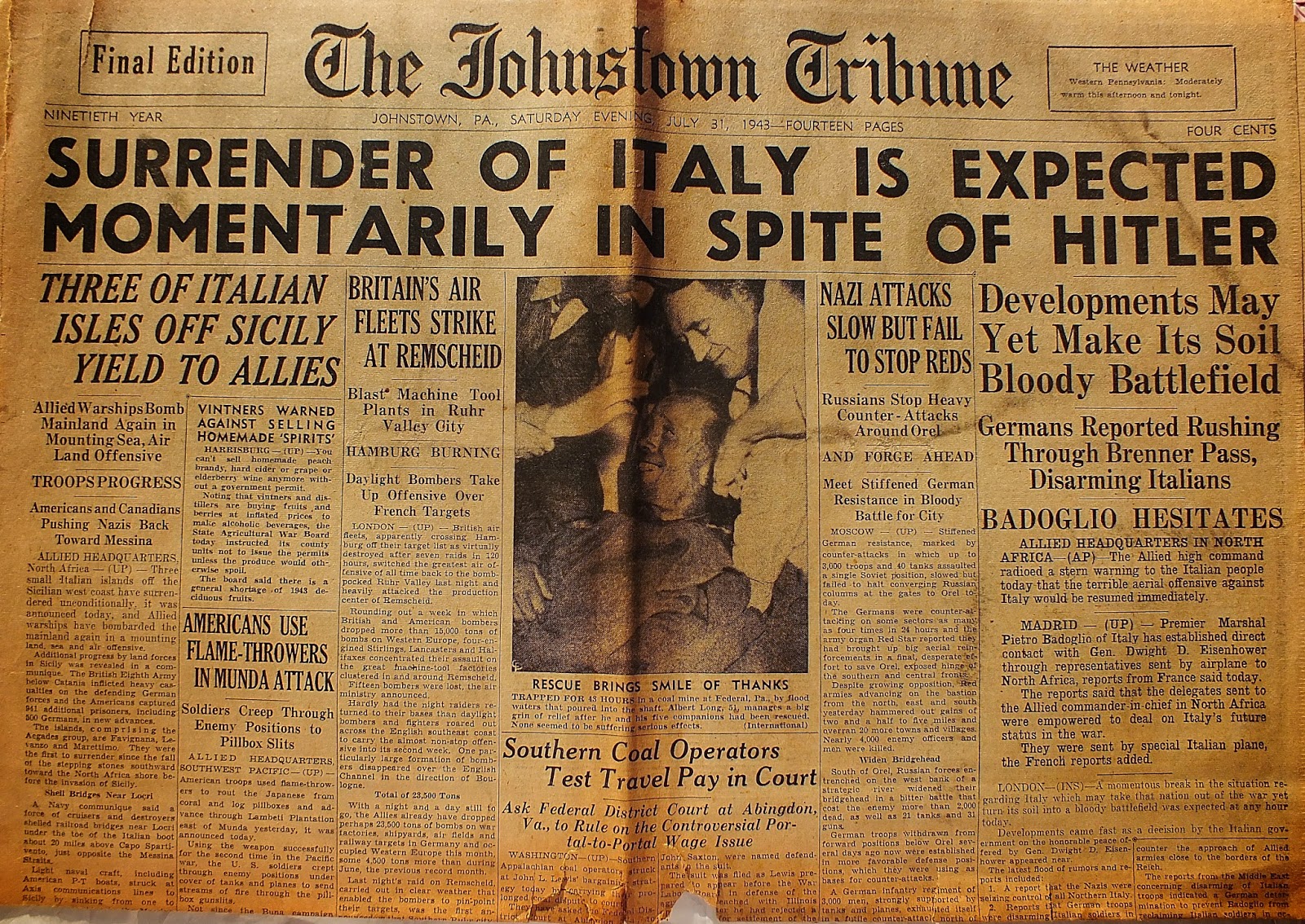 The Johnstown Tribune WWII July 31, 1943 SURRENDER OF ITALY IS