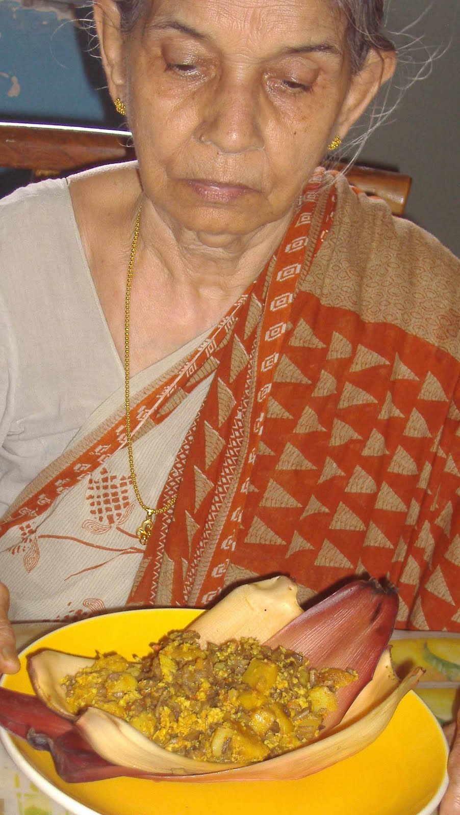 Bengali food Mochar torkari chola daler bodar deeye (banana flower)