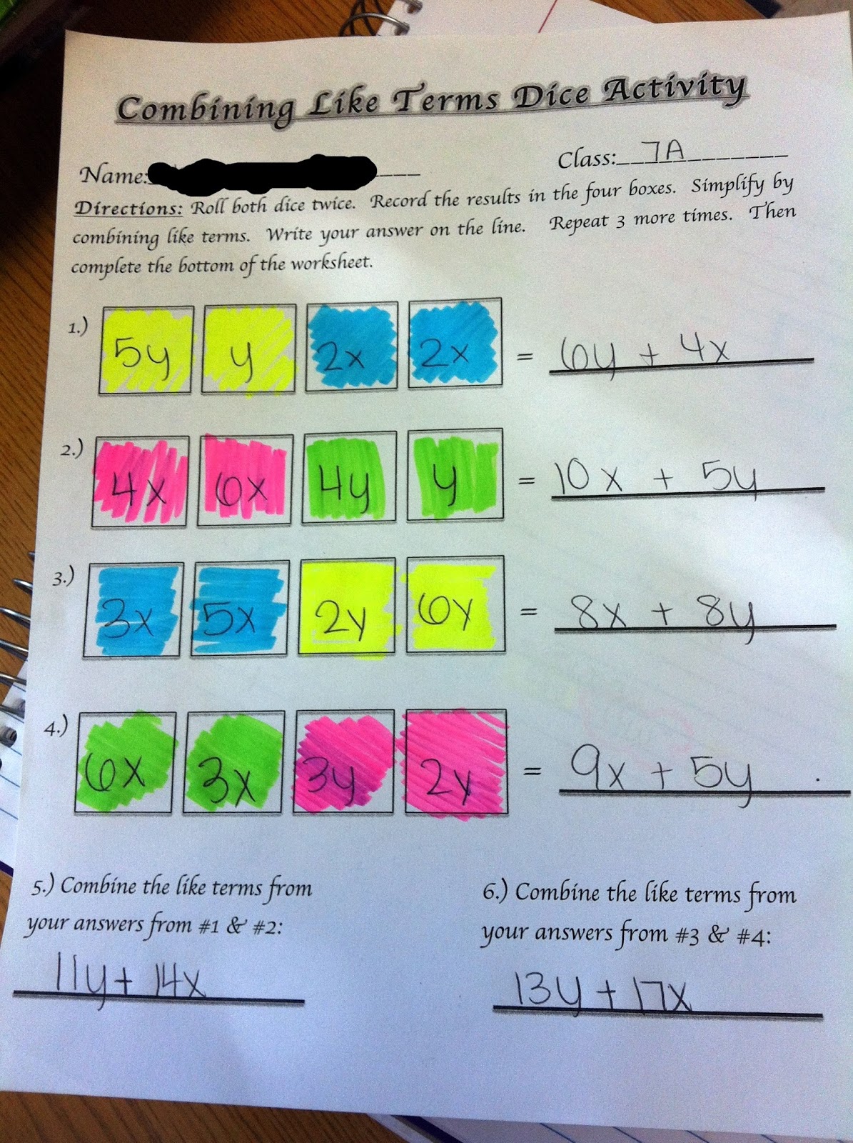 Middle School Math Madness!: Combining Like Terms Dice ...