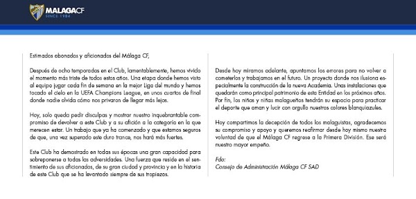 Málaga, carta del Consejo de Administración a los aficionados