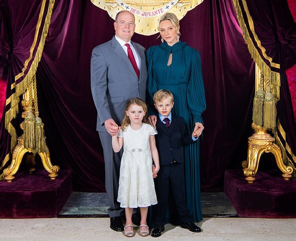 Prince Albert, Princess Charlene with Crown Prince Jacques and Princess Gabriella. Pleated Long Sleeve Gown tea