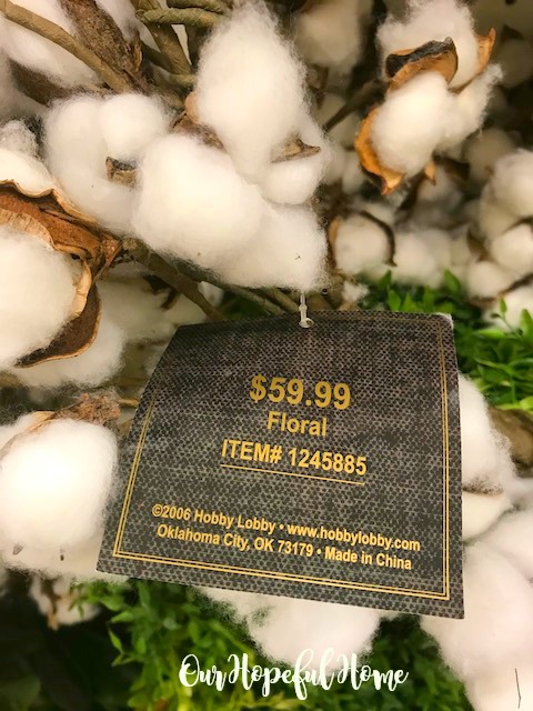 cotton boll wreath price tag $59.99 Hobby Lobby