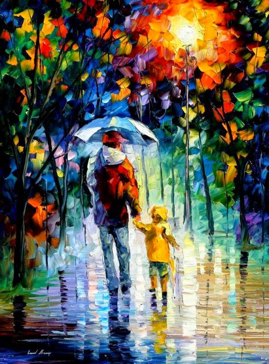 Leonid Afremov pinturas a óleo impressionista chuva outono noite cidade
