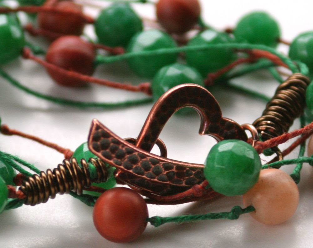 Wrap bracelet: copper toggle clasp, Irish wax linen, faceted jade, stone :: All Pretty Things