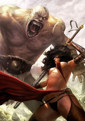 spike bat warrior lady fighting a giant monster beast