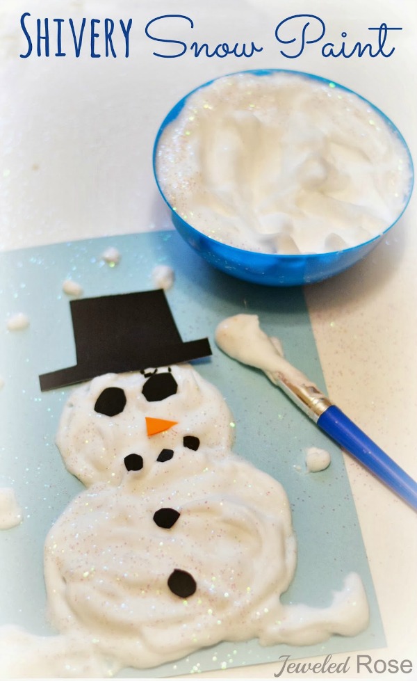 Make snow paint that is icy-cold using just two ingredients!  Kids of all ages are sure to love this winter recipe for play snow. #snowmancrafts #snow #snowmanpainting #snowpaint #snowpaintingforkids #snowpainteasy #snowrecipe #snowrecipesforkids #puffysnowpaint #puffysnowmanpaint #puffysnowmancraft #shiverysnowpaint #growingajeweledrose #activitiesforkids