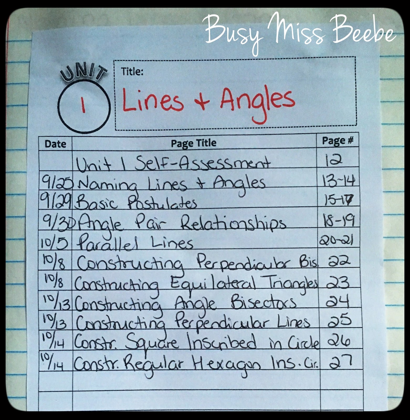 Busy Miss Beebe 20152016 Geometry INB Unit 1 (Lines & Angles) [
