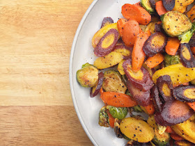 Tri-colored carrots and Brussels sprouts roasted with Jay D's Spicy & Sweet Rub