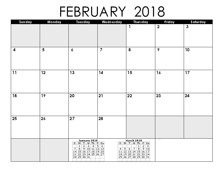 blank calendar for february 2018