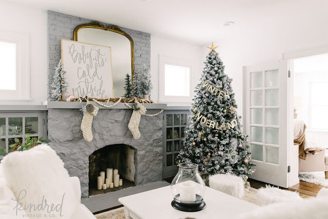 Living room with Romantic Farmhouse Christmas holiday decorating shabby chic