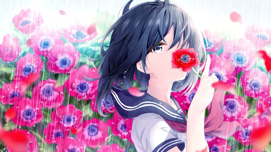 Anime, School Girl, Flowers, Raining, 8K, #212