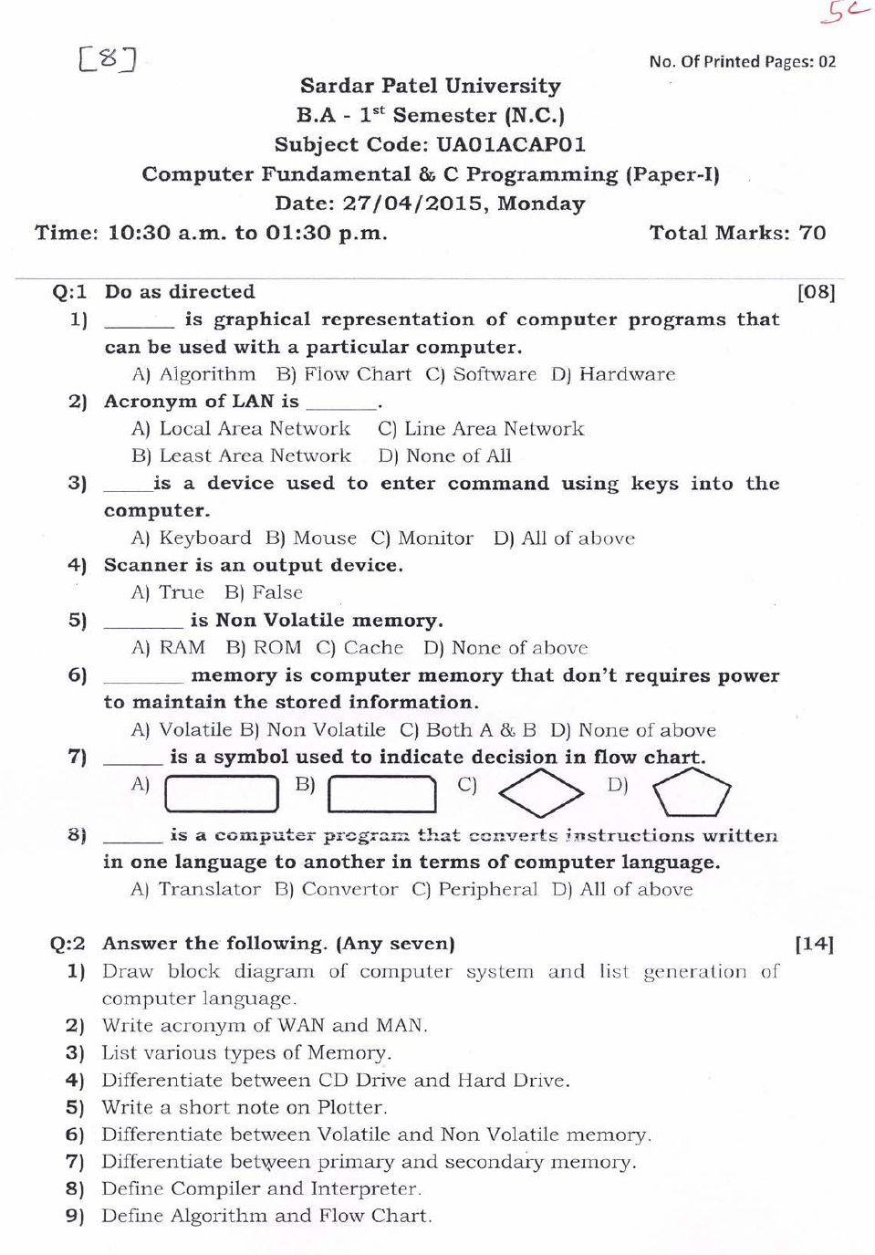 SPU UA01ACAP01 Computer Fundamental and C Programming 2015 Question ...