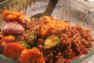 Brussels sprouts, red onion, and yam with quinoa