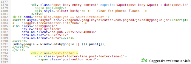 Внедрение кода рекламы Adsens в конце сообщения мобильного шаблона Blogger