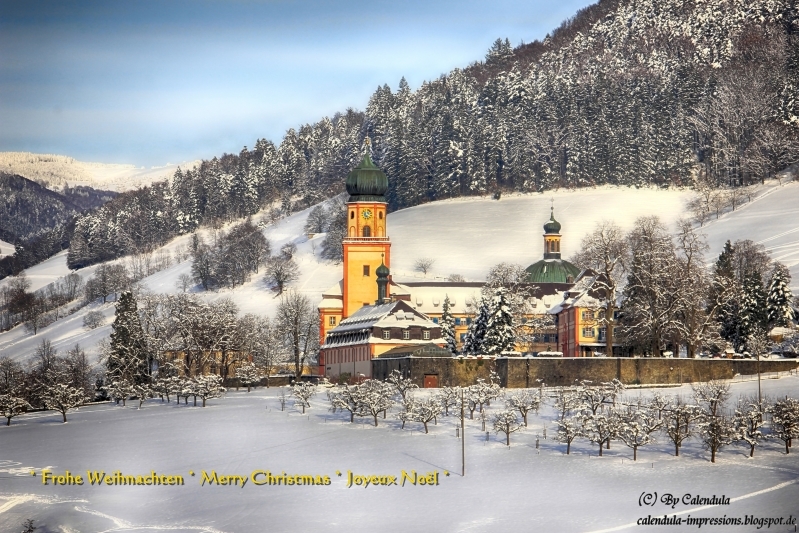 Weihnachtslandschaft farbige vektorgrafik Frohe Weihnachten * Merry Christmas * Joyeux Noël