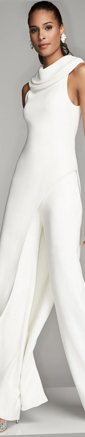 Brandon Maxwell Sleeveless Crepe Asymmetric-Hem Top, Ivory and High-Waist Crepe Wide-Leg Trousers