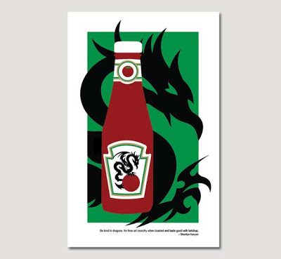dragon illustration with ketchup bottle on grey