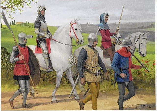 Рыцарь с оруженосцем и пехота, XIV век