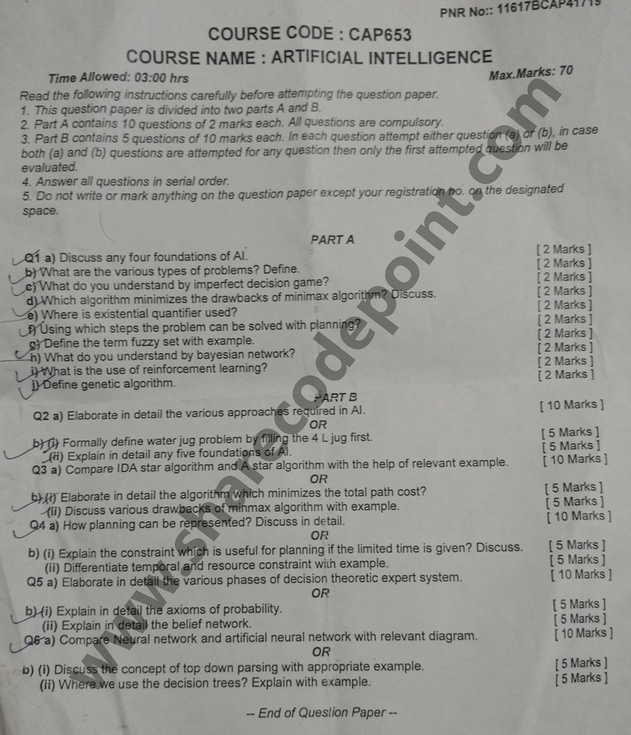 CAP653 Artificial Intelligence End Term Exam Question Paper CAP 653