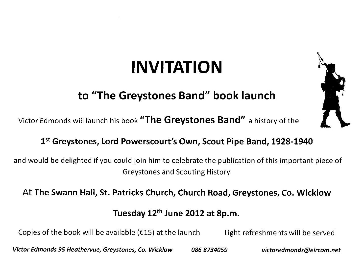 genealogydiscussion: 'The Greystones Band' Book Launch Invitation