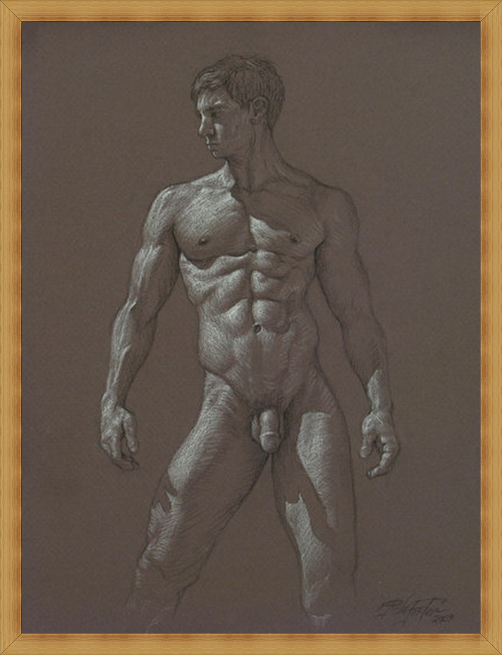 Human Figure, Male Nude In Charcoal Drawing