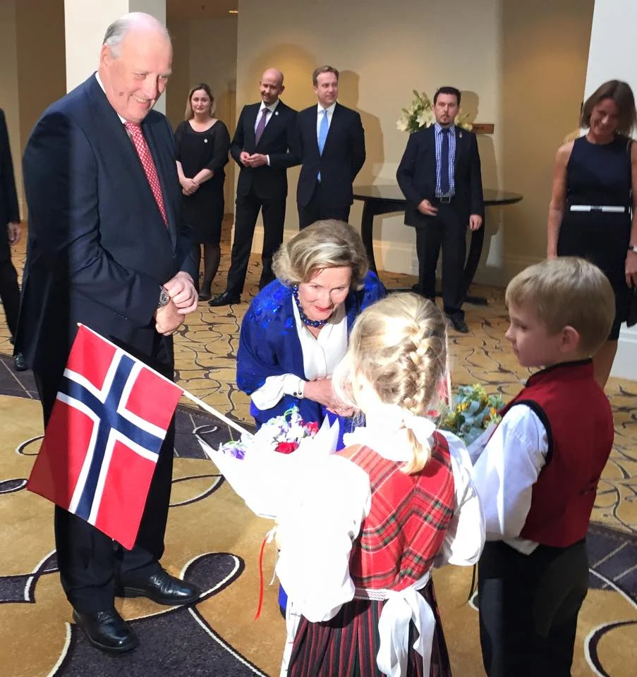 King Harald of Norway and Queen Sonja of Norway attends a Norwegian Community Reception at the Hyatt Hotel 