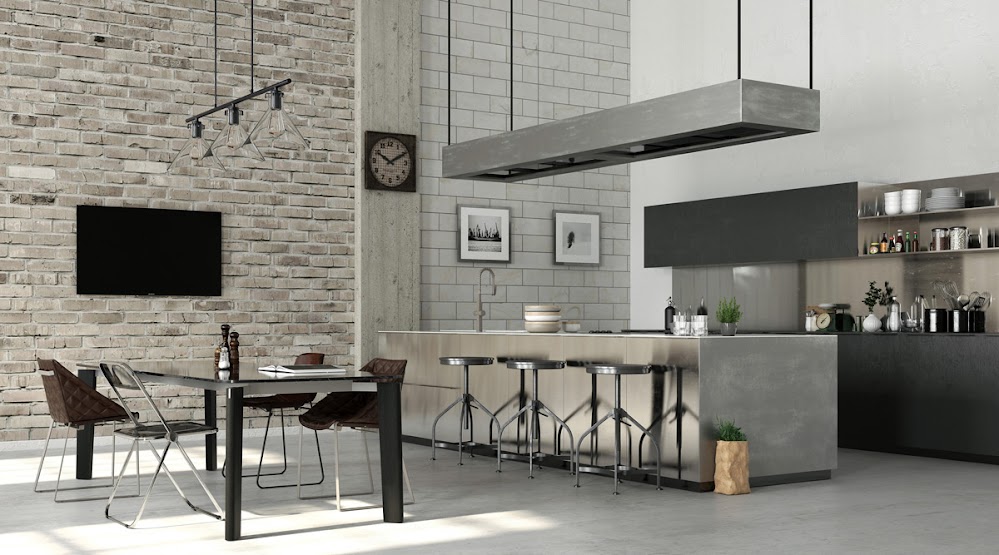 brushed-steel-industrial-kitchen-and-dining-room