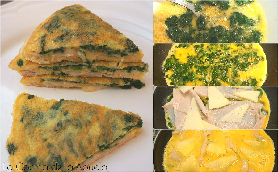 Tortilla de espinacas, queso y jamón.