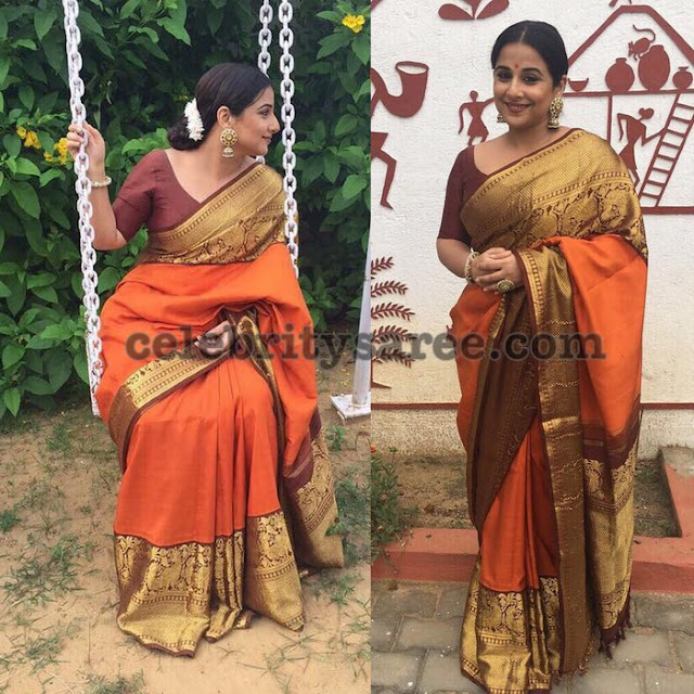 Vidya Balan Orange Maroon Silk Saree - Saree Blouse Patterns