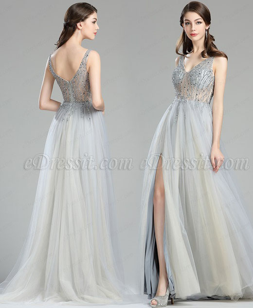 Sparkly V Cut Beaded Evening Dresses for Women 