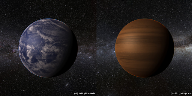 compisite artist's impressions of Kepler 22B as a watery world and as a gas giant