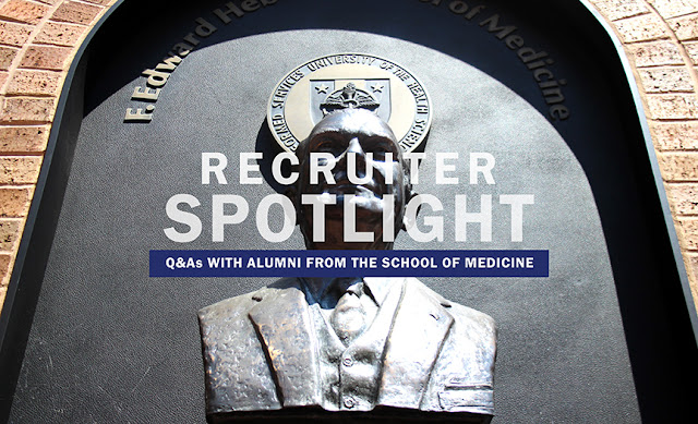 A bust statue of F Edward Hebert with Recruiter Spotlight, Q&As with alumni from the School of Medicine