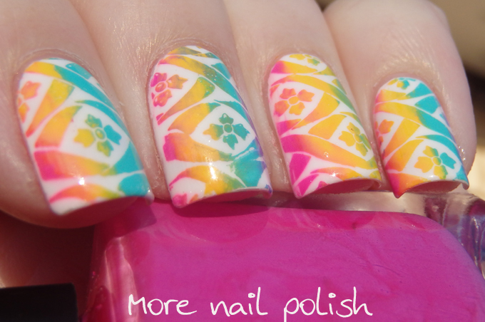 Rainbow stamping over white ~ More Nail Polish