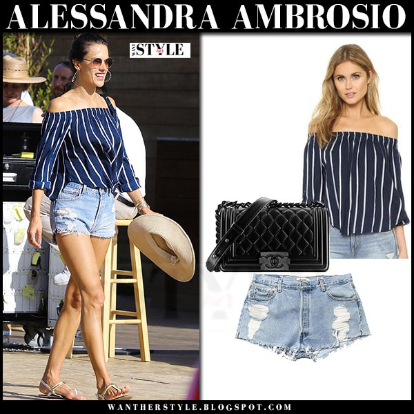 Alessandra Ambrosio in striped blue off shoulder top and denim shorts ...