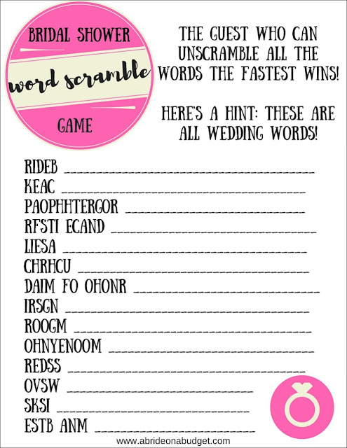 Planning a bridal shower? You need bridal shower games, so print this FREE bridal shower word scramble game from www.abrideonabudget.com.